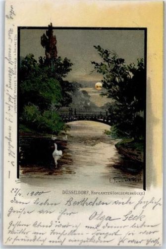 Düsseldorf 1900 Hofgarten Goldene Brücke Schwan bei Mondschein