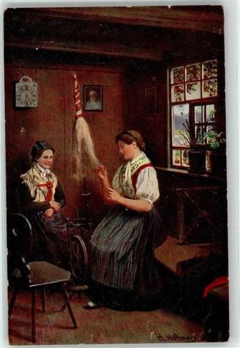 sign. Hoffmann, H. Schwarzwälder Spinnstube Tracht Frau Spinnerei Künstlerkarte