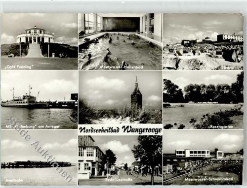 26486 W2946 Wangerooge , Nordseebad - Gasthaus Cafe Pudding Meerwasser Hallenbad Inselbahn MS Oldenburg am Anleger