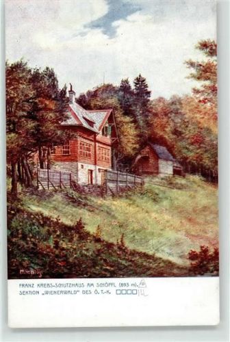 Schöpfl Schutzhaus Berghütte signiert Franz Krebs Haus Hüttenstempel