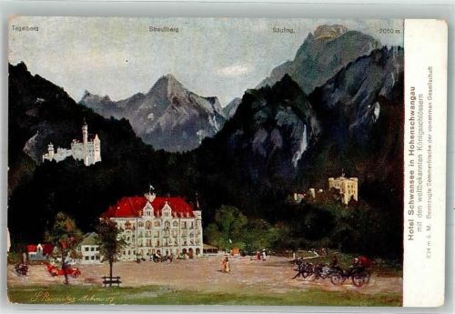 Hohenschwangau sign. Reisacher Hotel Pension Schwansee mit Schloss Neuschwanstein Tegelberg Straußberg Säuling