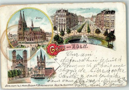 Köln Stadt 1898 Dom St. Gereon St. Martin Hohenstaufenring Lithographie