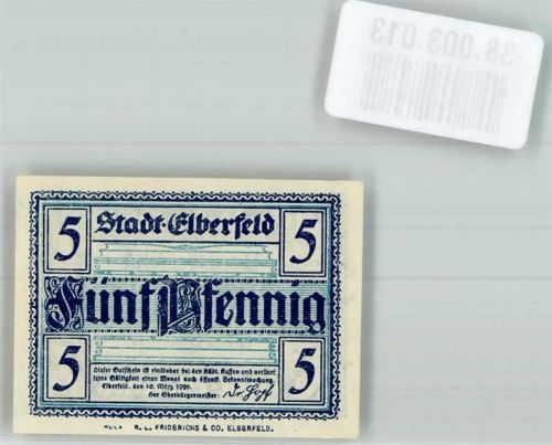 Elberfeld 1920 Gutschein über 5 Pfennig