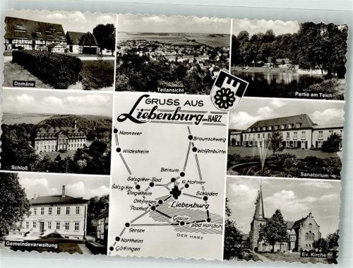 38704 W3384 Liebenburg Foto AK Schloss Sanatorium Ev. Kirche Domäne Gemeindeverwaltung