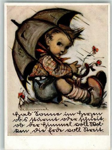 1939 Kind sitzt beim Sturm unterm Regenschirm Verlag Josef Müller Nr. 5162