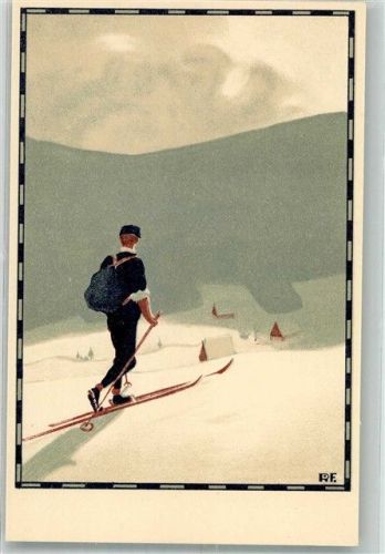sign. R.F. Skifahrer auf dem Weg in eine kleines Dorf im Tal