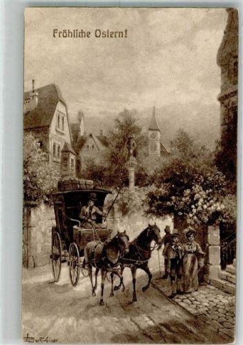 1916 sign. Weiger Ostern Zweispännige Kutsche in einer frühlingshaften Altstadt W.R.B. & Co. Serie 2893 Feldpost WK I Köln Ehrenfeld