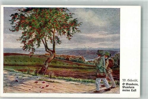 1916 sign. Schacht Zwei junge Männer auf Wanderschaft Künstlersteinzeichnung