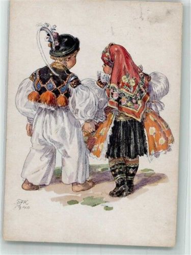 1940 sign. MFK Mädchen und Junge in bunter Tracht Minerva 840-3