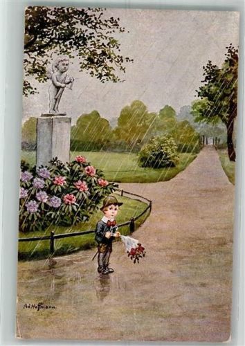 1918 Kleiner Junge wartet im Regen im Park mit Blumenstrauß Poesie WSSB Nr. 5365