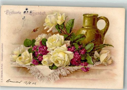 1906 Stillleben Rosen Vase Biene J.C. Schmidt