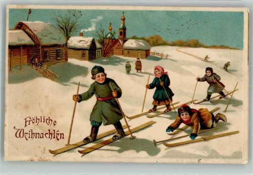 1910 Prägedruck Weihnachten Kinder auf Skiern vor dem Dorf Künstlerkarte