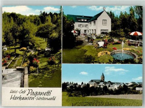 56593 W5453 Horhausen Westerwald Foto AK Panorama des Ortes mit Kirche St. Maria Magdalena Hotel Cafe Paganetti