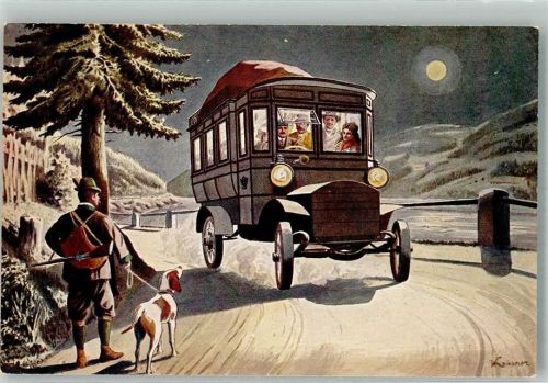 K. K. Automobilpost 1908 Jäger mit Pointer Postbus Künstlerkarte