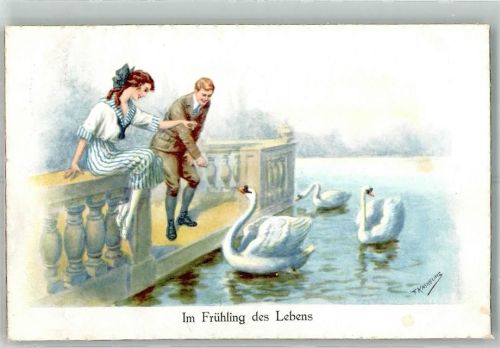 sign. Kaskeline Liebespaar an einem Schwanenteich Poesie / Liebe WSSB 6722/3