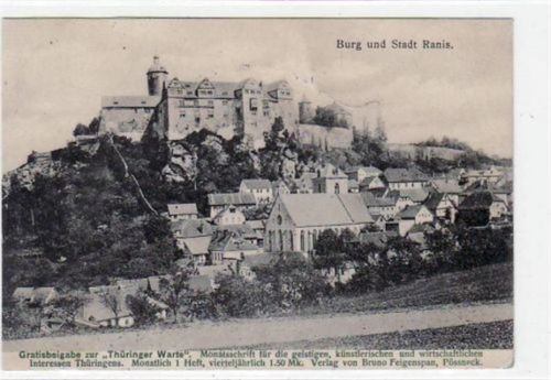 Ranis i. Thür mit Burg und Stadt gelaufen von 1905. Leicht bügig, leicht fleckig, sonst gut erhalten.