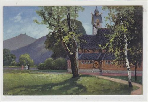 Hirschberg im Riesengebirge Künstlerkarte von Professor Morgenstern. Kirche Wang / Kreis Hirschberg - Jelenia Góra im Riesengebirge Schneekoppe im Hintergrund ungelaufen Top Erhaltung.