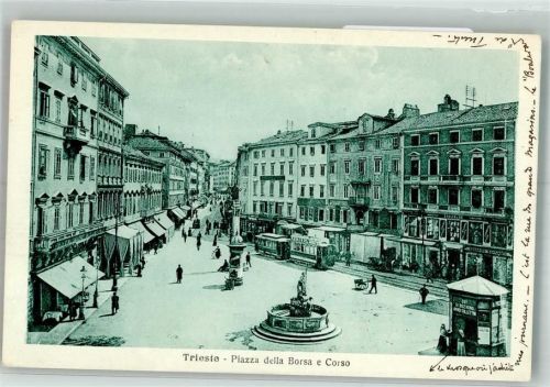 34100 Trieste / Triest / Trst Foto AK Geschäft Kiosk Litfaßsäule Straßenbahn Piazza della Borsa e Corso