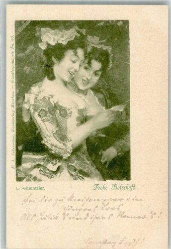 sign. Schmutzler Zwei junge Frauen mit Liebesbrief Ackermann's Kunstverlag No. 86 Stadtpost Adelskorrespondenz
