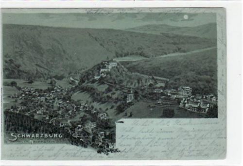 Schwarzburg Schwarzburg, Mondschein Lithographie mit Blick vom Trippstein gelaufen von 1900. Leicht bügig, am linken Rand leicht beschnitten, sonst gut erhalten.