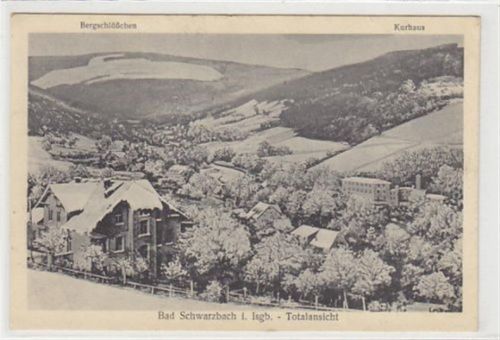 Bad Schwarzbach Bad Schwarzbach - Czerniawa-Zdrój / Kreis Lauban - Luban im Isergebirge. Bergschlößchen Kurhaus im Winter ungelaufen Beschrieben, Text ausraddiert. Leicht fleckig, sonst gut erhalten
