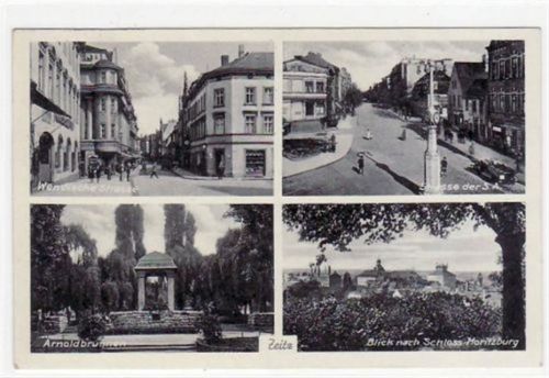 Zeitz Zeitz mit Arnoldbrunnen, Blick nach Schloss Moritzburg, Wendische Strasse und Strasse der S. A. gelaufen von 1940, Marke entfernt kleiner Knick unten links, sonst gut erhalten.