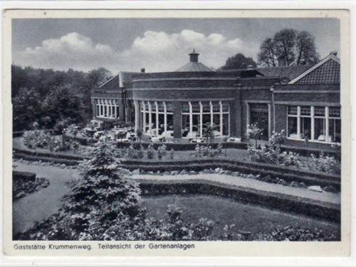 Ratingen mit Gaststätte Krummenweg, Teilansicht d. Gartenanlage gelaufen, mit Marke und Stempel von 1942. Gute Erhaltung.