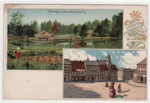 Wurzen Wurzen, Lithographie mit Markt und Partie im Stadtpark. ungelaufen um 1900 Leicht abgerundete Ecke n, leicht fleckig, sonst gut erhalten.