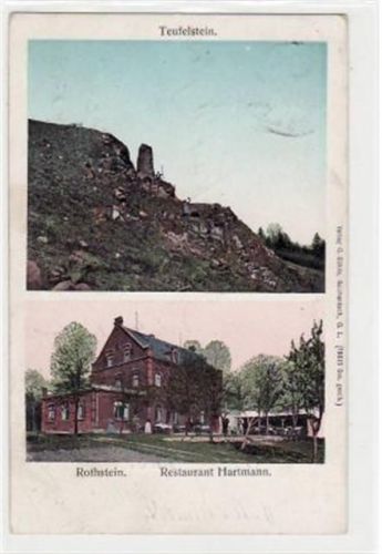 Rothstein mit Teufelstein und Restaurant Hartmann gelaufen von 1906. Leichte Stempelspuren, kleiner Knick oben rechts und unten links, leichter Schriftdurchdruck, sonst gut erhalten.