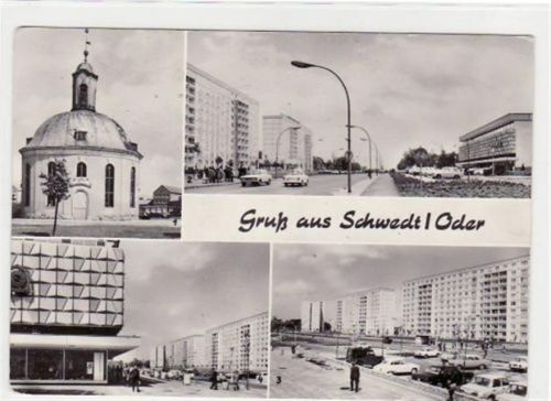 Schwedt Gruß aus Schwedt a.d. Oder. Abgebildet ist die Kirche und 3 verschiedene Teilansichten. Die Karte wurde 1976 beschrieben und vermutlich im Umschlag verschickt. Gute Erhaltung.