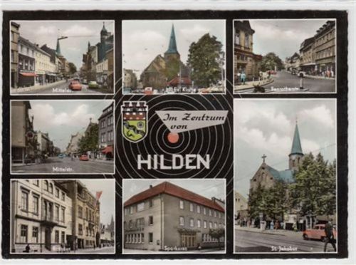 Hilden Hilden mit Mittel- u. Benratherstraße, Sparkasse und St. Jakobus gelaufen, 1970. Leichter Bug unten links, leichter Stempeldurchdruck, sonst gut erhalten