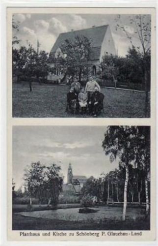 Schönberg b. Glauchau mit Pfarrhaus und Kirche gelaufen von 1931. Gute Erhaltung.