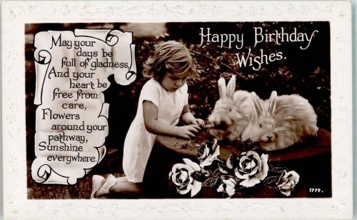 Kind mit Kaninchen Geburtstag Happy Birthday passepartout gestanzter Rand AK Hase Foto AK