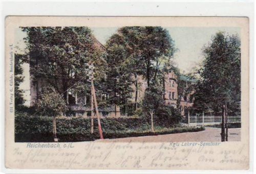 Reichenbach mit Kgl. Lehrer Seminar gelaufen von 1905 kleiner Knick oben und unten links, kleiner Knick am linken Rand und unten in der Mitte, sonst gut erhalten.