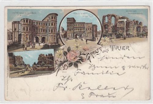 Trier Trier, Lithographie mit Ruine des Kaiserpalastes, Porta Nigra und Amphitheater gelaufen, 1904 kleiner Knick oben links, leicht abgerundete Ecke n, sonst gut erhalten