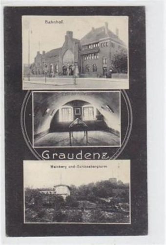 AK aus Graudenz Grudziadz mit Bahnhof und Zelle auf der Feste Courbiere und Weinberg nebst Schlossbergturm, 1915 als Feldpost befördert, d.h. ohne Marke da Soldatenpost gebührenfrei war. Gute Erhaltung.