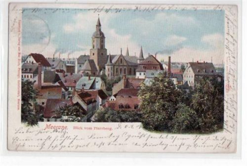Meerane mit Blick vom Pfarrberg gelaufen von 1907. Leichter Stempeldurchdruck, sonst gut erhalten