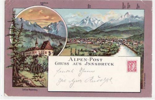 Innsbruck Innsbruck, Lithographie mit 2 Abbildungen gelaufen, Datum nicht lesbar. leichte Abschürfungen, an den Ecke n kleine Knicke, sonst gut erhalten