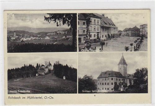 Fotokarte von Rohrbach im Mühlviertel. Marktplatz Maria Trostkirche Schloss Sprinzenstein gelaufen am 13.07.1936, Marke wurde entfernt. Albumabdrücke an den Ecken leichter Schrift- und Stempeldurchdruck, leichter Bug oben links, sonst gut erhalten.