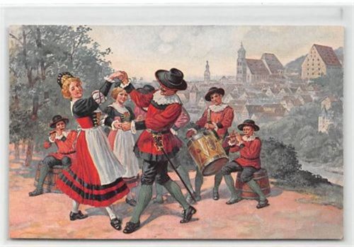 Schwäbisch Hall Schwäbisch Hall, Künstlerkarte. ein Tanz der Salzsieder ungelaufen Ecken mit Albumabdrücken, sonst gut erhalten