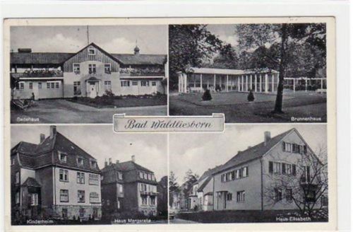 Bad Waldliesborn, 4 Abbildungen mit Badehaus u. Kinderheim gelaufen, mit Marke und Stempel von 1955. Leichter Stempeldurchdruck, leicht fleckig, sonst gut erhalten