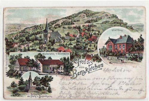 Bergkirchen, Lithographie mit Restauration und Pfarrhaus gelaufen, mit Marke und Stempel von 1898. leichte Abschürfungen, kleiner Knick oben links, leicht stockfleckig, sonst gut erhalten