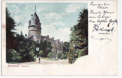 Detmold Detmold, Lithographie mit Schloss gelaufen, mit Marke und Stempel von 1901. Gute Erhaltung.