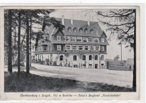 Oberbärenburg i. Erzgeb. mit Dolzes Berghotel Friedrichshöhe gelaufen von 1911. leichte Eckabschürfungen und Rändern, kleiner Riß am Rand unten, sonst gut erhalten.