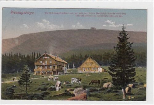 Schlingelbaude und Prinz Heinrich-Baude - Kreis Hirschberg / Jelenia Góra im Riesengebirge mit den Teichrändern im Hintergrund ungelaufen Gute Erhaltung.