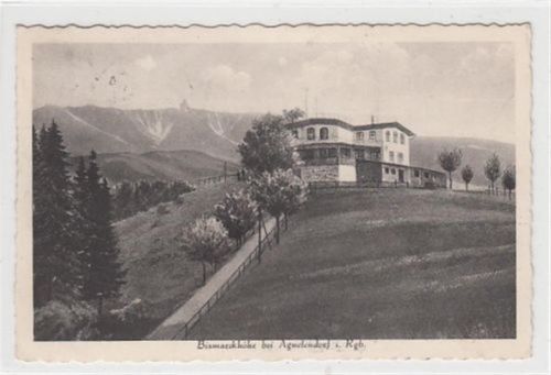 Bismarckhöhe bei Agnetendorf / Jagniatków - Kreis Hirschberg / Jelenia Góra im Riesengebirge gelaufen 1928. Leichte Stempelspuren. Rückseite leicht fleckig, sonst gut erhalten