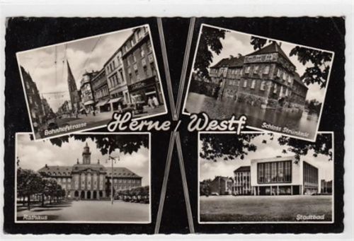 Herne in Westfalen mit Bahnhofstrasse, Stadtbad, Schloss Strünkede und Rathaus gelaufen, 1967 kleiner Knick oben rechts, leichte Abschürfungen, sonst gut erhalten