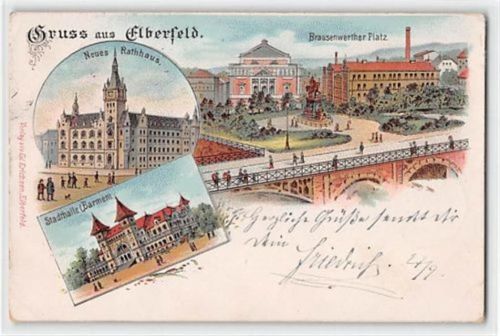 Elberfeld Lithographie Wuppertal-Elberfeld mit Brausenwerther Platz, Stadthalle (Barmen) und neues Rathaus gelaufen kleiner Knick oben und unten links, sonst gut erhalten