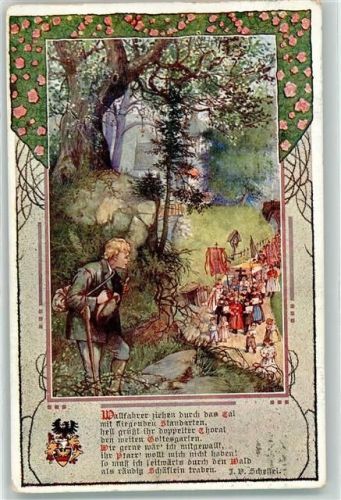 1909 Verein Südmark Karte 51 Prozession Wandern sign. Welzl Gedicht von Scheffel