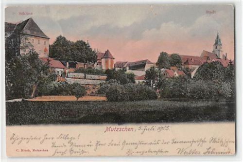 Mutzschen. Schloss und Kirchturm gelaufen. Ecken mit Albumabdrücken, leichter Stempeldurchdruck, leicht fleckig, sonst gut erhalten